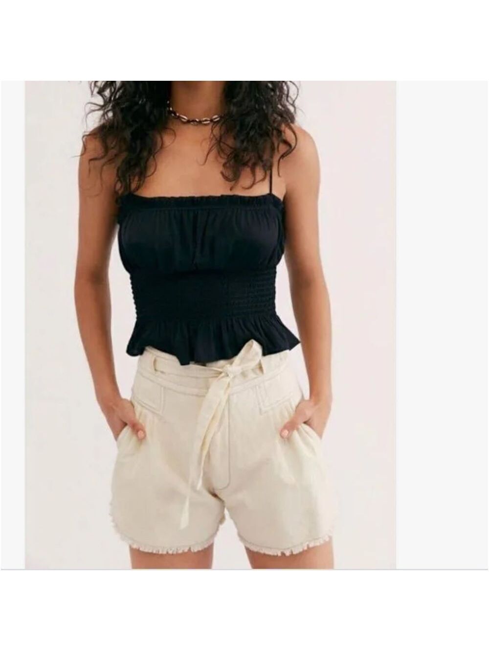NWOT Free people one Penny high waist tie cream ivory long Raw Hem shorts 6